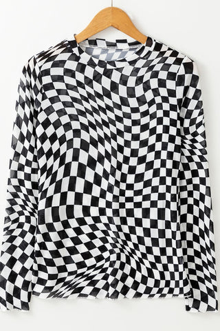 Checkered Mock Neck Long Sleeve Blouse - 1985 the VAULT Boutique