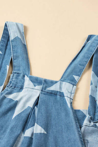 Star Print Buttoned Strap Wide Leg Denim Overalls - 1985 the VAULT Boutique