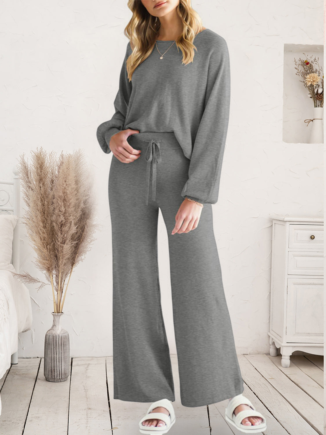 Long Sleeve Lounge Top and Drawstring Pants Set - 1985 the VAULT Boutique