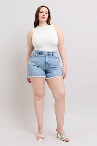 Judy Blue Full Size Tummy Control Raw Hem Denim Shorts Plus Size - 1985 the VAULT Boutique