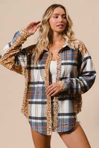 BiBi Curved Hem Sequin Plaid Button Up Shacket - 1985 the VAULT Boutique