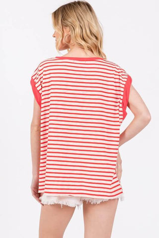 Ces Femme Side Slit Striped Cap Sleeve T-Shirt - 1985 the VAULT Boutique