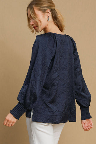 Umgee Wrinkled Round Neck Lantern Sleeve Blouse - 1985 the VAULT Boutique