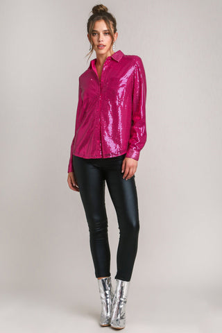 Umgee Sequin Long Sleeve Shirt with Side Chest Pocket - 1985 the VAULT Boutique