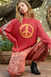 POL Washed Peace Patch Cable Knit Sweater - 1985 the VAULT Boutique