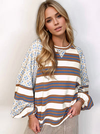 Flower & Striped Print Round Neck Sweatshirt