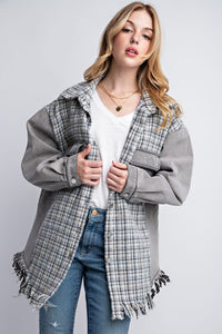 TWEED MIXED DENIM JACKET SHACKET WITH FRINGED HEM - 1985 the VAULT Boutique