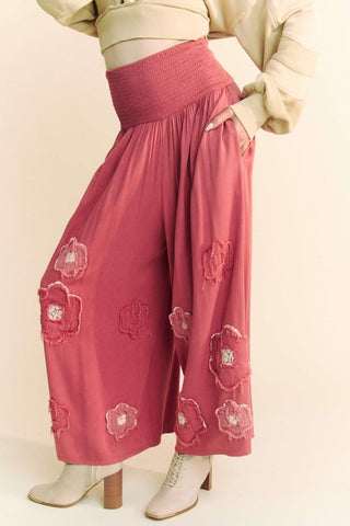 Davi & Dani Smocked Waist Flower Patch Wide Leg Pants - 1985 the VAULT Boutique