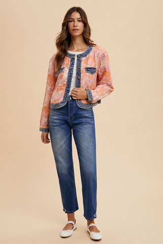 Annie Wear Floral Jacquard Denim Contrast Button Down Jacket - 1985 the VAULT Boutique