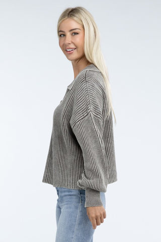 Washed Collared Henley Sweater - 1985 the VAULT Boutique