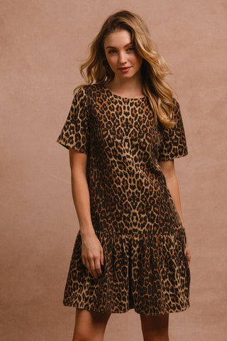 BiBi Tie Back Leopard Round Neck Short Sleeve Dress - 1985 the VAULT Boutique