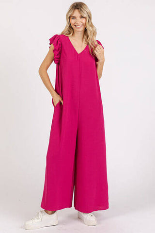 Mittoshop V-Neck Ruffled Cap Sleeve Wide Leg Jumpsuit - 1985 the VAULT Boutique