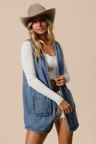 BiBi Braided Trim Open Front Denim Vest with Pockets - 1985 the VAULT Boutique