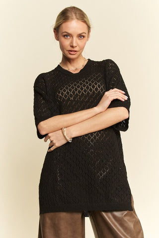 Davi & Dani Side Slit Openwork Round Neck Half Sleeve Knit Cover Up - 1985 the VAULT Boutique