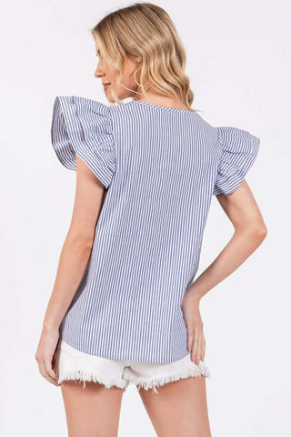 Ces Femme Striped V-Neck Ruffled Cap Sleeve Blouse - 1985 the VAULT Boutique