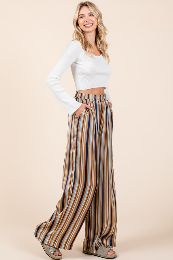 Mittoshop Striped Satin Elastic Waist Wide Leg Pants - 1985 the VAULT Boutique