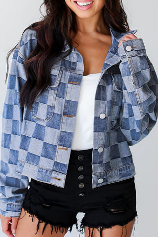 Checkered Button Up Denim Jacket - 1985 the VAULT Boutique