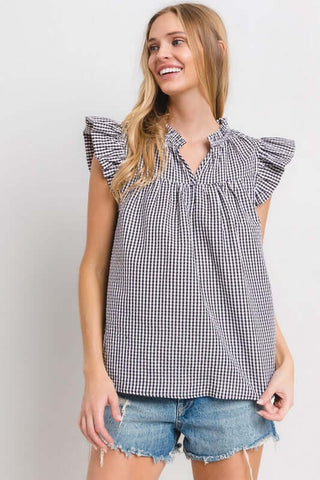 Ces Femme Plaid Notched Ruffled Cap Sleeve Blouse - 1985 the VAULT Boutique