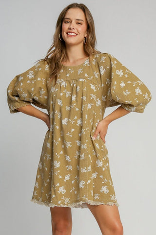 Umgee Raw Hem Floral Print Round Neck Denim Dress - 1985 the VAULT Boutique