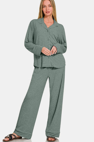 Zenana Button Down Long Sleeve Top and Pants Lounge Set - 1985 the VAULT Boutique