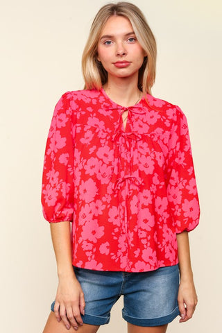 Haptics Full Size Ribbon Bow Floral Balloon Sleeve Blouse - 1985 the VAULT Boutique