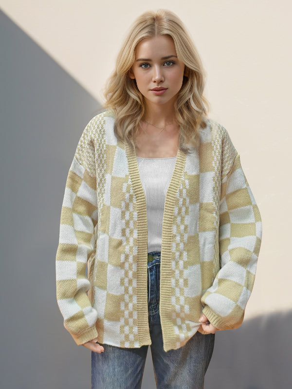 Double Take Checkered Open Front Dropped Shoulder Cardigan - 1985 the VAULT Boutique