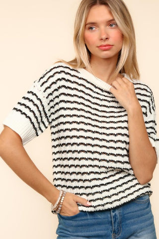 Haptics Openwork Striped Round Neck Half Sleeve Knit Top - 1985 the VAULT Boutique