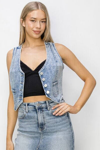 RISEN Button Down Crop Denim Vest - 1985 the VAULT Boutique