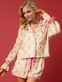 Tied Printed Collared Neck Long Sleeve Top and Shorts Set - 1985 the VAULT Boutique