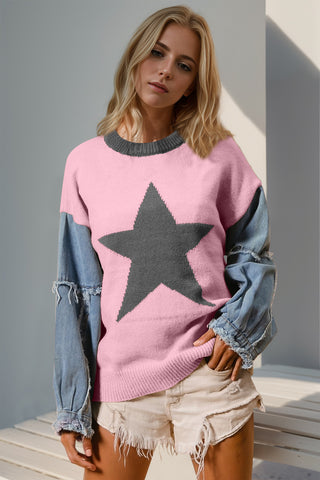 Double Take Full Size Star Pattern Raw Edge Long Sleeve Sweater - 1985 the VAULT Boutique