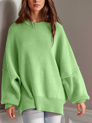 Double Take Side Slit Round Neck Long Sleeve Sweater - 1985 the VAULT Boutique