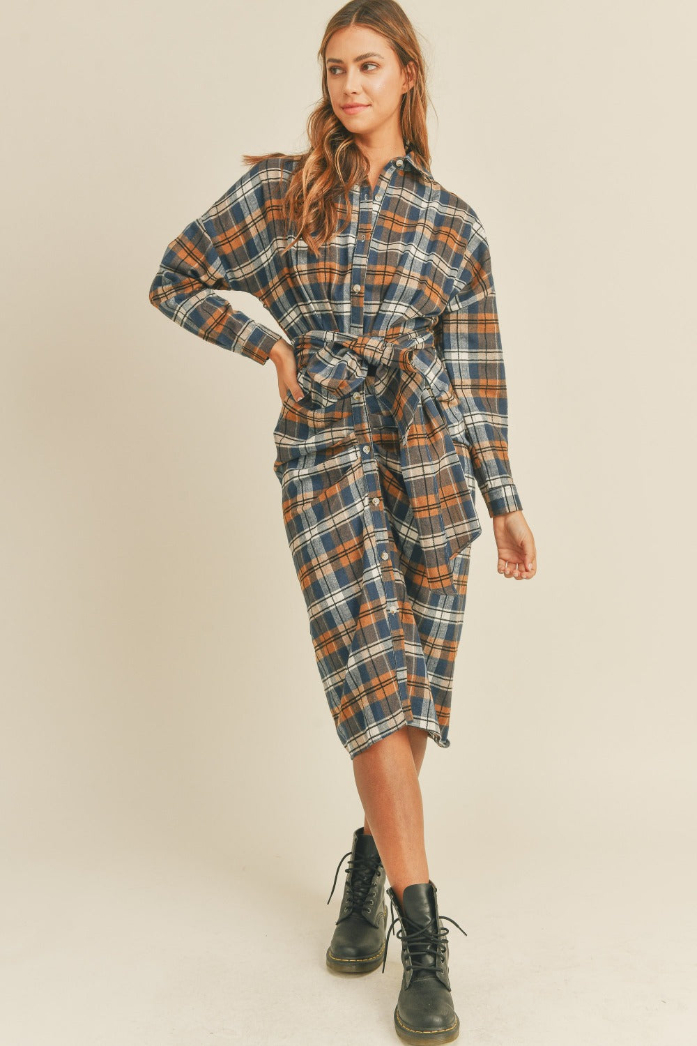 Mable Plaid Flannel Front Tie Button Down Shirt Dress - 1985 THE VAULT