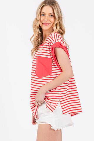 Ces Femme Side Slit Striped Cap Sleeve T-Shirt - 1985 the VAULT Boutique