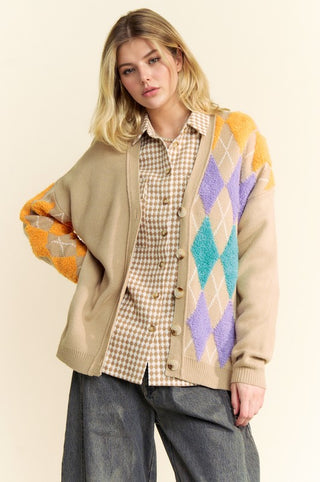 Davi & Dani Argyle V-Neck Dropped Shoulder Cardigan - 1985 the VAULT Boutique