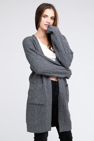 Twist Knitted Open Front Cardigan With Pockets - 1985 the VAULT Boutique