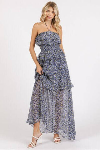 Mittoshop Ruffled Smocked Floral Halter Neck Maxi Dress - 1985 the VAULT Boutique