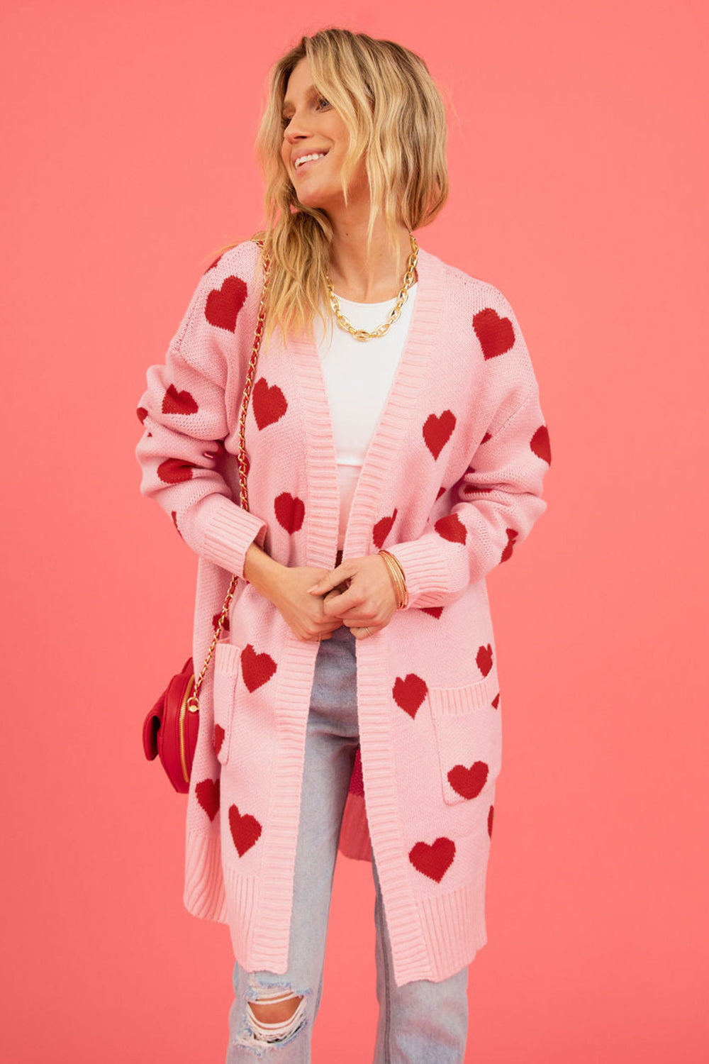 Heart Graphic Open Front Cardigan with Pockets - 1985 the VAULT Boutique