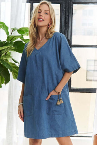 ADORA V-Neck Half Sleeve Mini Denim Dress - 1985 the VAULT Boutique