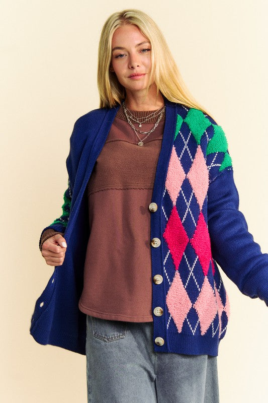 Davi & Dani Argyle V-Neck Dropped Shoulder Cardigan - 1985 the VAULT Boutique