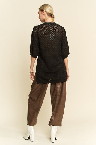 Davi & Dani Side Slit Openwork Round Neck Half Sleeve Knit Cover Up - 1985 the VAULT Boutique