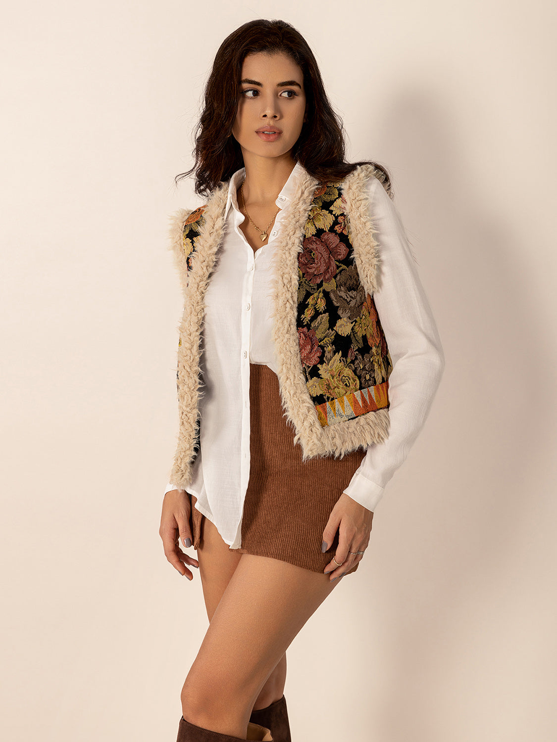 Embroidered Fuzzy Trim Open Front Vest Coat - 1985 the VAULT Boutique