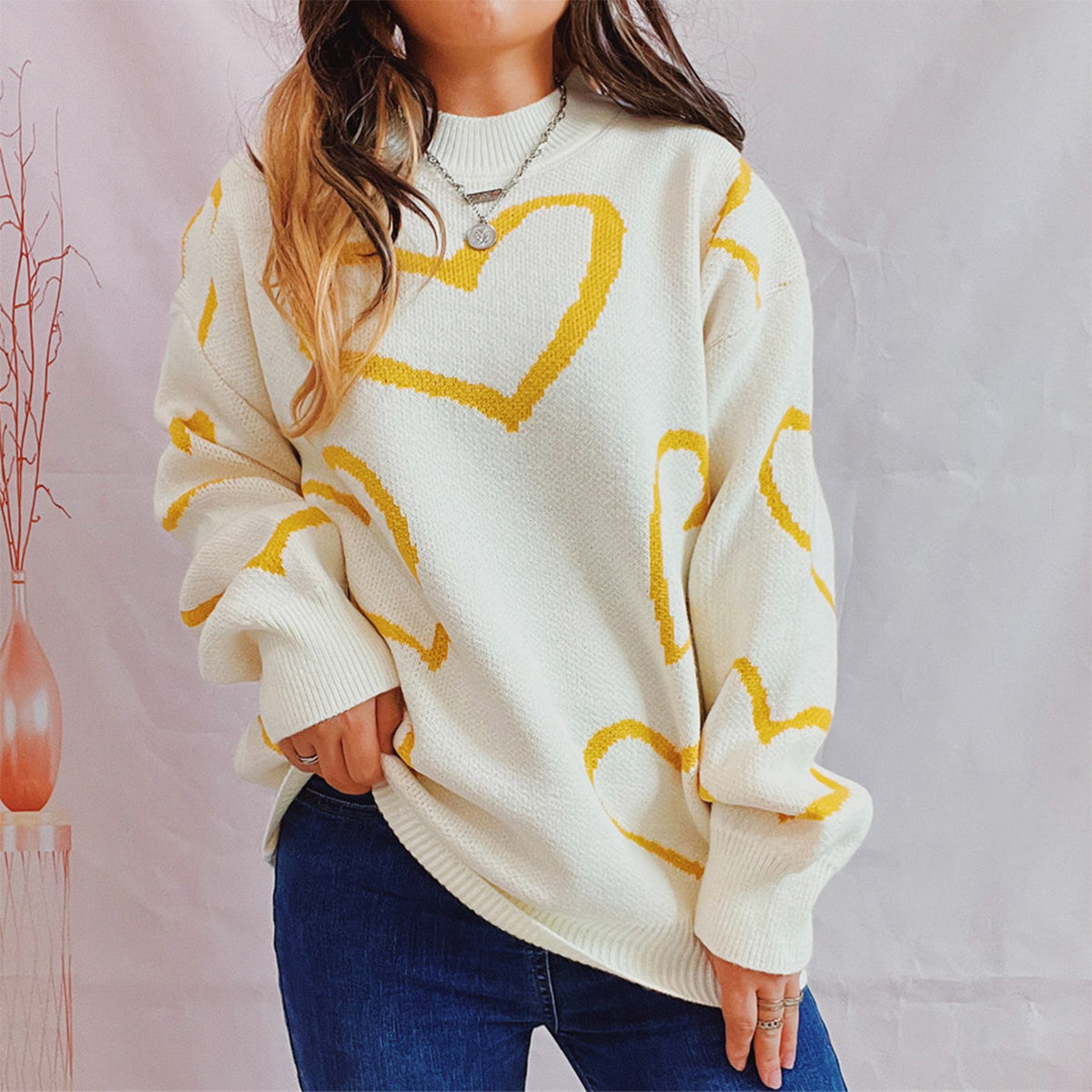 Heart Pattern Long Sleeve Sweater - 1985 the VAULT Boutique