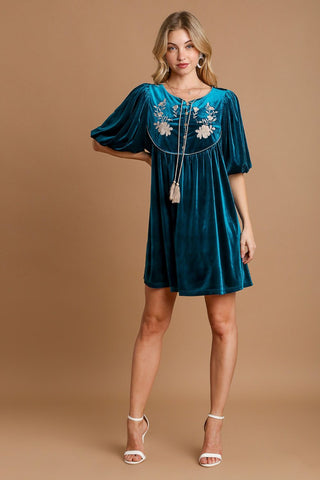 Umgee Embroidered Half Sleeve Velvet Mini Dress with Tassel - 1985 the VAULT Boutique