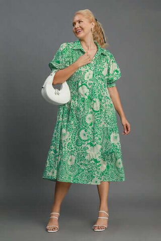 Umgee Full Size Printed Smocked Cuff Puff Sleeve Midi Dress Plus Size - 1985 the VAULT Boutique