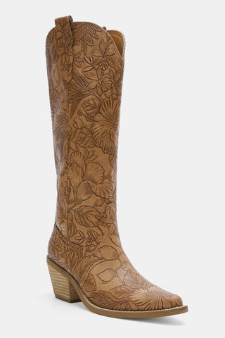 Beast Fashion Embossed Floral Point Toe Block Heel Boots - 1985 the VAULT Boutique