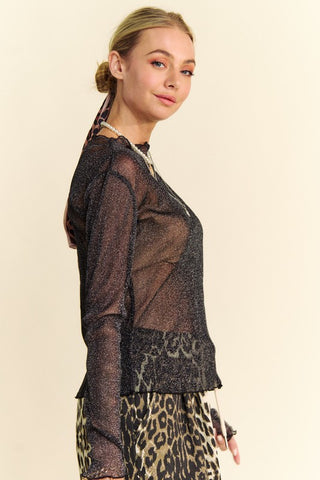 Davi & Dani Glitter Mesh Lettuce Hem Long Sleeve Top - 1985 the VAULT Boutique