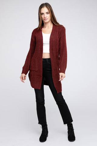 Twist Knitted Open Front Cardigan With Pockets - 1985 the VAULT Boutique