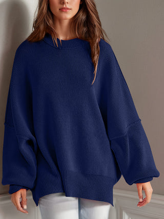 Double Take Side Slit Round Neck Long Sleeve Sweater - 1985 the VAULT Boutique