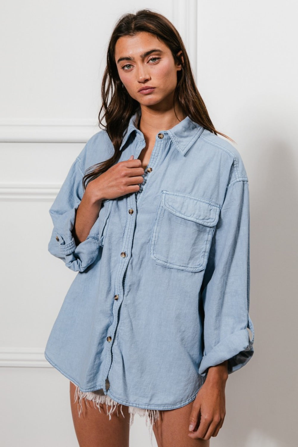 BiBi Button Down Stitch Detail Shirt with Chest Pockets - 1985 the VAULT Boutique