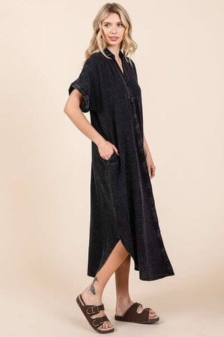 Mittoshop Mineral Wash V Neck Button Up Midi Shirt Dress - 1985 the VAULT Boutique